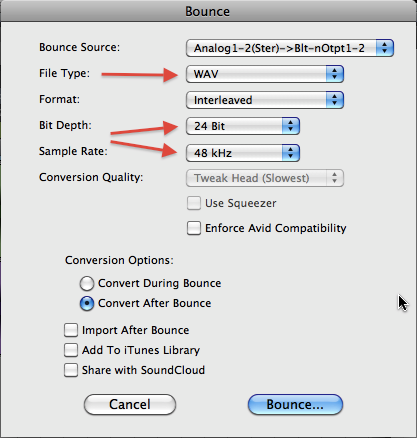 Pro Tools Bounce menu